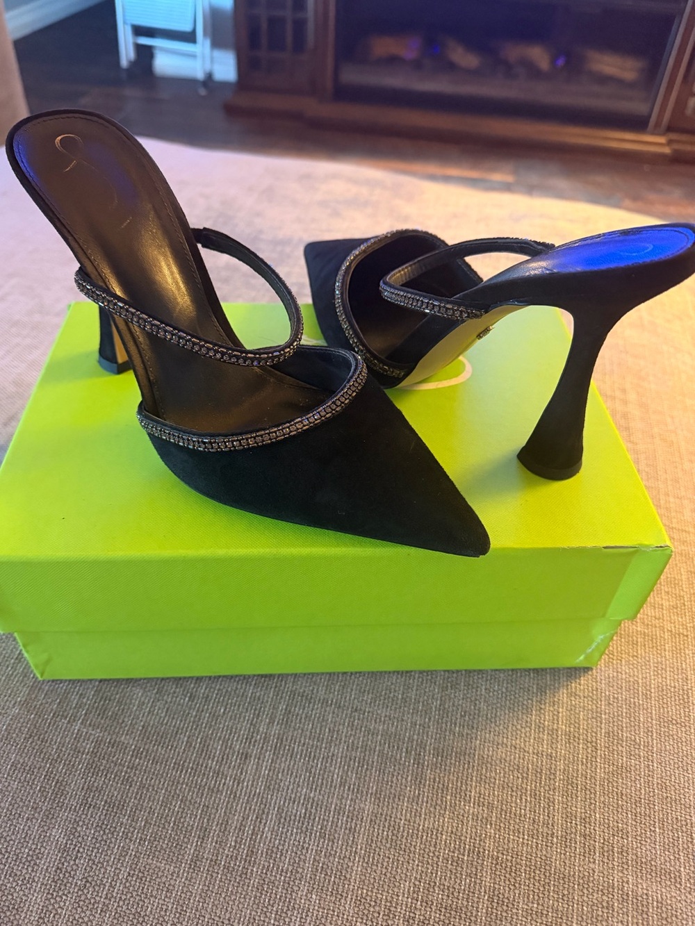 Sam Edelman Black Suede Pointed Toe Mule Heels with Rhinestone Straps